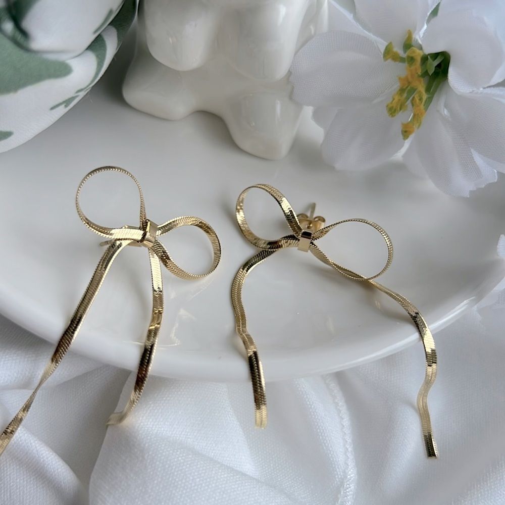 Gold Dainty Bow Dangle Earrings - Picture 2 of 2